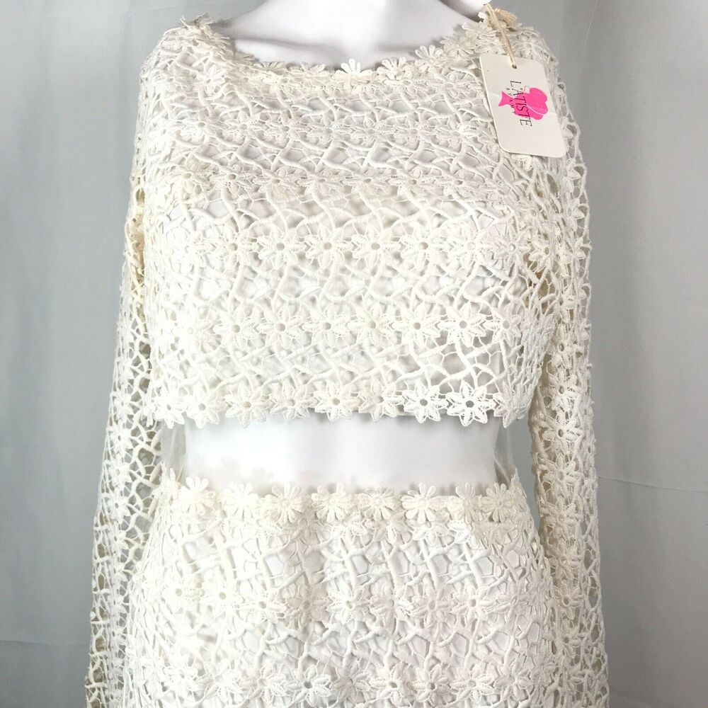 NWT L'Atiste By Amy Dress Womens Sz M White Lace Long Sleeve‎ Sheer Sheath - Picture 2 of 11